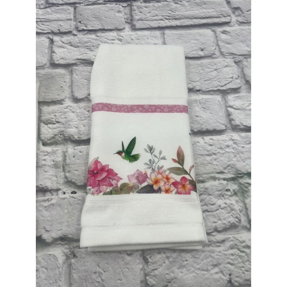 Hummingbird Floral Bath Towel Set 3 Piece White Pink Cotton Blend Decorative